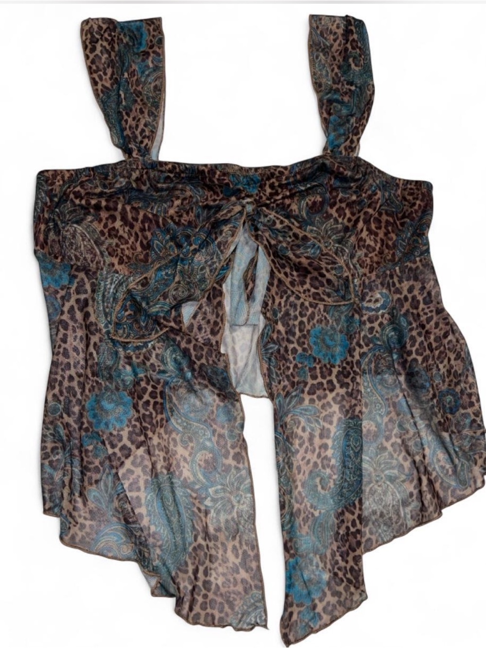 Y2K Leopard & Paisley Tie-Front Camisole in Teal Brown